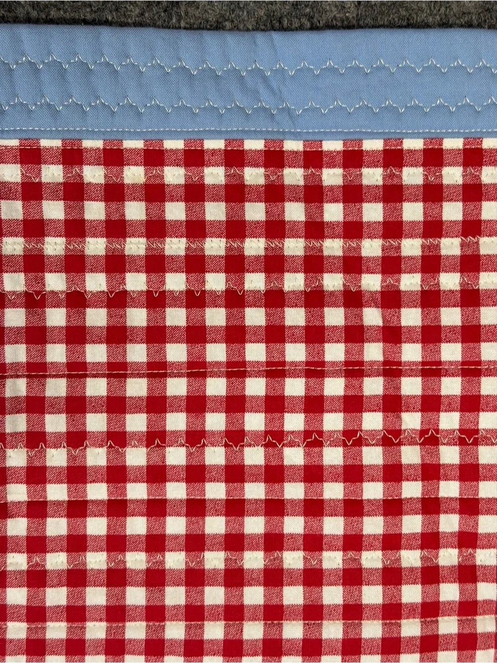 Red Gingham Table Runners with Light Blue Trim and Butterfly Embroidery